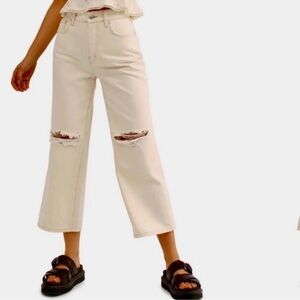 Free people Jeans Women 26 Ranger Wide Leg Cream Button Fly Distressed Crop HH